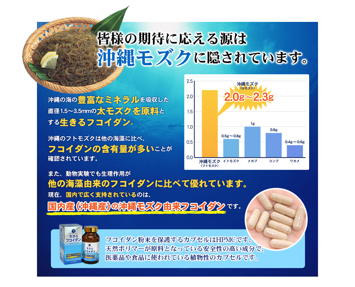 生きるフコイダン カプセルサプリメント  沖縄産もずく100%  高分子  高含有 健康食品